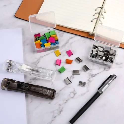 Miniatura 3 de KINBOM 2 dispensadores de clip de almeja, dispensador portátil reciclable de mano con 100 recambios de clip de almeja de papel para fijar hojas