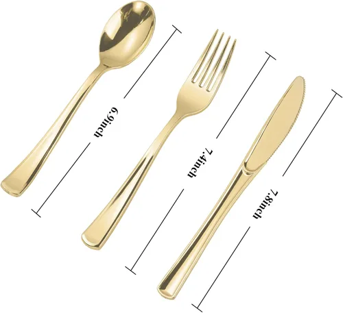 Miniatura 2 de N9R 300 cubiertos de plástico dorado, juego de cubiertos de plástico dorado resistente, vajilla desechable, 100 tenedores, 100 cucharas, 100