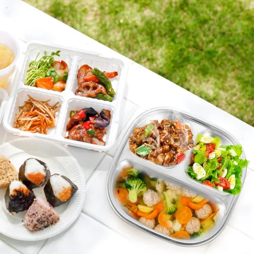 Miniatura 3 de Sosoport Plato de almuerzo dividido de acero inoxidable 304 con tapa, bandeja de alimentos reutilizable para niños y adultos, ideal para camping