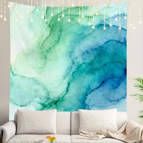 Miniatura 22 de Shrahala Tapiz de pared azul brillante, acuarela azul degradado para colgar en la pared, tapiz grande decorativo de fibra de poliéster, dobladillo