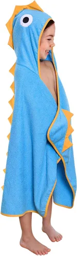 Miniatura 2 de Toalla con capucha prémium para niños, diseño de dinosaurio azul y amarillo para niños, ultra suave y extragrande, tela de toalla 100% de algodón