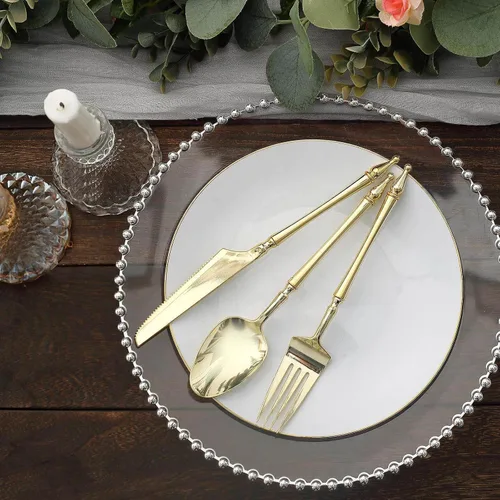 Miniatura 8 de Efavormart - Juego de 24 utensilios de plástico europeo con purpurina dorada con mango de columna romana, tenedor, cuchara y cuchillo desechables