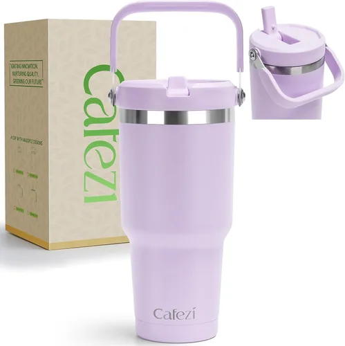 Miniatura 26 de Vaso de 30 onzas con tapa y pajita, vasos de acero inoxidable con aislamiento al vacío con pajita plegable y asa superior, botella de agua aislada