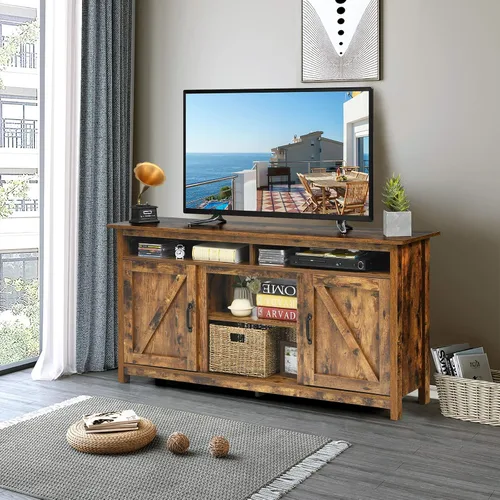 Miniatura 3 de Tangkula Soporte de TV industrial con puertas de granero para televisores de hasta 65 pulgadas, mueble consola de TV de granja con estantes