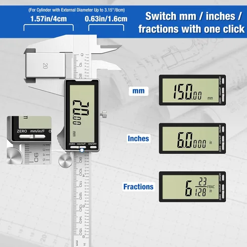 Miniatura 2 de Raynesys Calibre Digital de 6 Pulgadas con Gran Pantalla LCD, Conversión de Pulgadas/MM/Fracciones, Calibre de Micrómetro de 150mm, Herramienta