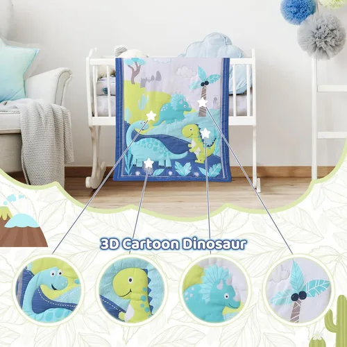 Miniatura 9 de Juego de cama de cuna de dinosaurio mini para niños azul de 3 piezas Premium, juego de sábanas para bebé, juego de cuna de dinosaurios