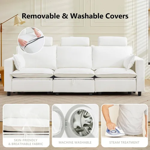 Miniatura 6 de Sofá reclinable eléctrico de gran tamaño, sofá reclinable de chenilla blanco crema con reposacabezas ajustable, almohadas, juego de muebles