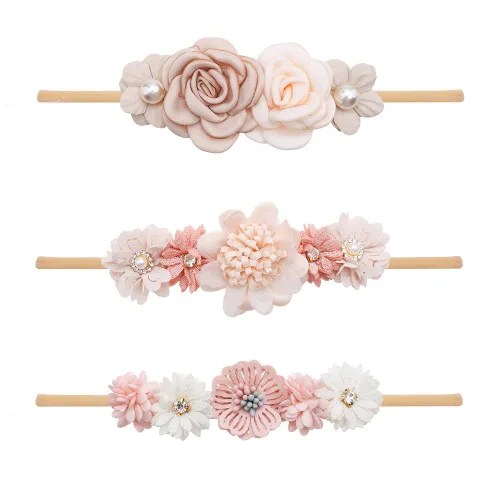 Miniatura 17 de Diademas de flores de nailon para bebé niña, con moños de flores, accesorios elásticos para el cabello, corona, envolturas florales hechas a mano
