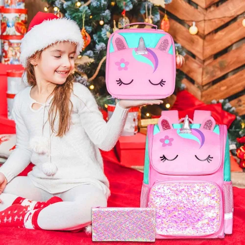 Miniatura 6 de KLFVB Mochila de 3 piezas para niñas y niños, bolsa de libros de dinosaurio de unicornio de 15 pulgadas con lonchera, bolsa escolar preescolar
