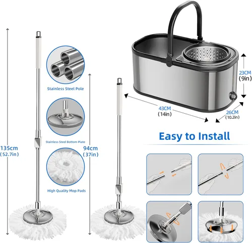 Miniatura 7 de Trapeador giratorio y cubo con escurridor para el hogar, trapeador de 360° y cubo con agua limpia y sucia separada, mopa de polvo húmedo para Plata