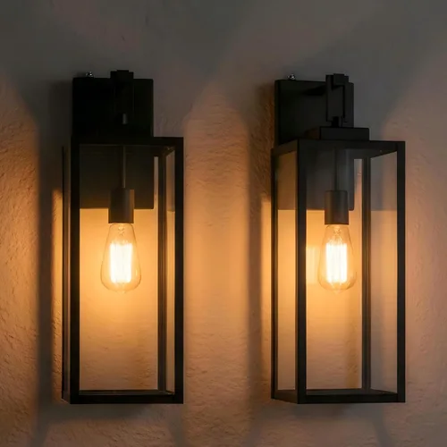Miniatura 10 de Paquete de 2 apliques para exteriores, farol de pared de 12 pulgadas, aplique exterior pequeño de metal y vidrio, faroles negros para exteriores