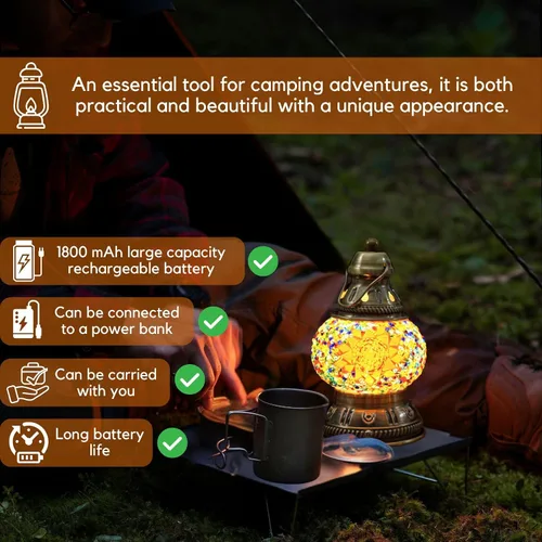 Miniatura 6 de Lámpara de mosaico turco recargable mejorada, hecha a mano, estilo marroquí, luz de campamento con batería de 1800 mAh, banco de energía USB