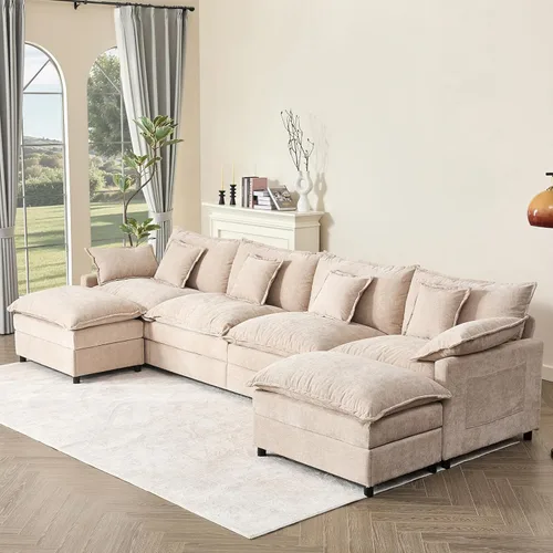 Miniatura 14 de GOSUHI - Sofá en forma de U de 108", sofá seccional modular, sofá de nube de 3 plazas con otomana móvil, sofás de asiento profundo para sala de Beige