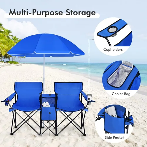 Miniatura 5 de LDAILY LUARANE - Silla plegable doble para campamento, sillas de picnic al aire libre con paraguas extraíble, mini mesa, portavasos y bolsa de Azul