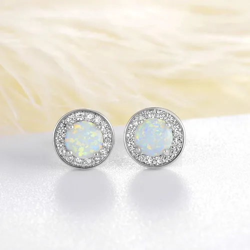 Miniatura 3 de Aretes de ópalo chapados en oro blanco para mujeres y niñas, aretes de ópalo con halo de circonita cúbica para mujer, Metal, Ópalo creativo