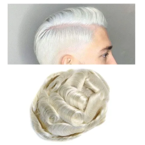 Miniatura 29 de Sistema de repuesto de piezas de cabello humano tipo tupé para hombre, transpirable, encaje francés, peluca para hombre, peluca de piel de #1B Negro