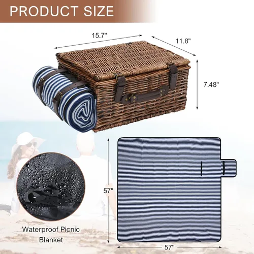 Miniatura 6 de Cesta de picnic para 4 personas – Cestas con hielera y manta de picnic, cesta de picnic clásica de mimbre con alfombrilla de playa impermeable y a