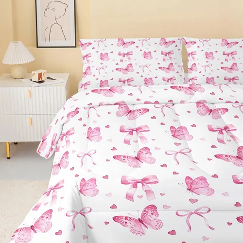 Miniatura 4 de QOOMO Juego de edredón de 3 piezas con diseño de mariposa de dibujos animados, tamaño individual, bonito juego de ropa de cama con lazo