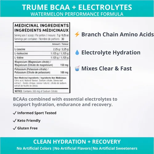 Miniatura 2 de TruMe - Polvo natural BCAA con electrolitos - Suplemento vegano después del entrenamiento - Sandía agria - Polvo de electrolitos potente sin azúcar