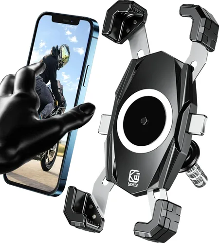 Kewig Soporte para teléfono con vástago de horquilla para motocicleta, soporte de teléfono para motocicleta, bloqueo y liberación automática de un