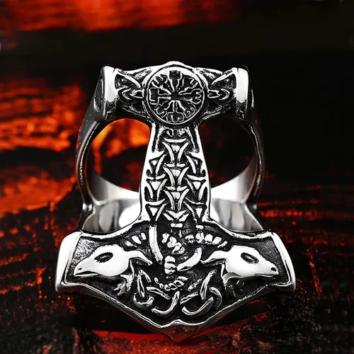 Miniatura 4 de BAVIPOWER Viking Thor Hammer Mjolnir Potente protección Talismán Amuleto Vintage Anillo de acero inoxidable