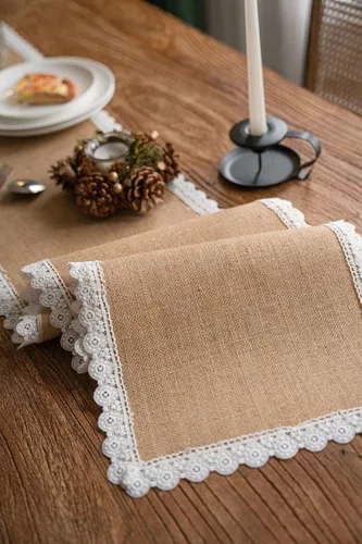 Miniatura 4 de Camino de mesa de yute natural rústico para mesa de comedor de granja con dobladillo de encaje para boda, fiesta, camino de mesa lavable, camino