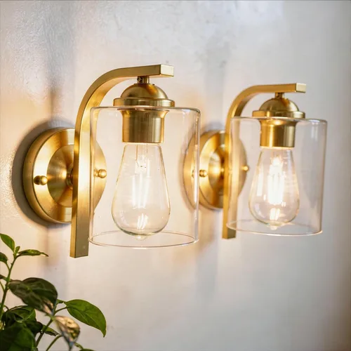 Miniatura 10 de Juego de 2 apliques de pared, lámparas de baño cableadas, iluminación de pared moderna para tocador de baño con pantalla de vidrio transparente