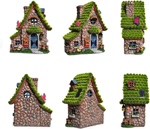 Miniatura 5 de Estatuas de casa de hadas de resina ASAWASA con luces solares, esculturas de jardín divertidas con decoración flocada y adoquinada, exquisitas