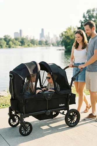 Miniatura 2 de INFANS Cochecito Vagón para 2 niños, barra plegable ajustable con asa de empujar y tirar, cochecito vagón de 2 plazas con toldo extraíble y bandeja
