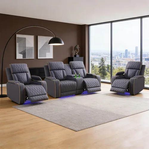 Miniatura 19 de Sofá reclinable individual eléctrico para muebles de sala de estar, silla reclinable de cuero con luces LED, puertos USB, almacenamiento oculto
