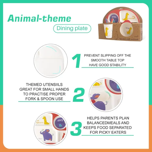 Miniatura 4 de Set de alimentación para niños 5 piezas, juego de vajilla para niños pequeños incluye plato, tazón, taza, tenedor y cuchara, juego de cubiertos
