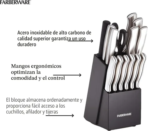 Miniatura 8 de Farberware - Juego de 15 cuchillos de cocina con cuchillas de acero inoxidable de alto carbono, mangos negros, cuchillos para bistec, bloque