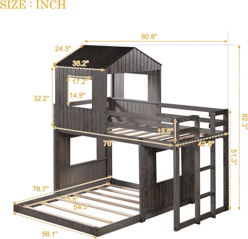 Miniatura 2 de Literas individuales para niños pequeños, literas de madera con ventana de techo, escalera de barandilla, para niñas y niños, no requiere caja