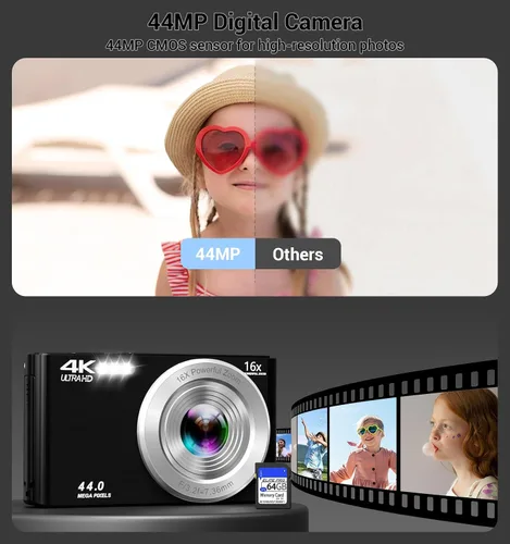 Miniatura 3 de Cámara digital 4K, cámara digital compacta digital de enfoque automático, zoom digital de 16X, cámara de viaje mejorada con tarjeta SD de 64 GB, 2