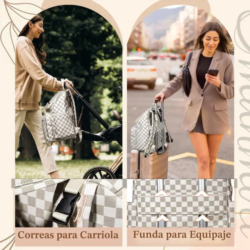 Miniatura 6 de Omanmoli Bolsa de pañales a cuadros, mochila grande de cuero para pañales con 17 bolsas organizadoras, cambiador, correas para cochecito, 4 Beige