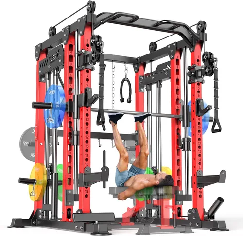 Rack Multiusos para Sentadillas, Conjunto de Rack de Pesas Smith Machine con Sistema de Crossover de Cables, Racks de Potencia para Gimnasio en L04