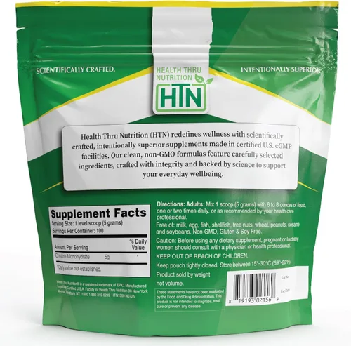 Miniatura 4 de Health Thru Nutrition Monohidrato de creatina en polvo micronizado – 17.64 oz puro sin sabor – 0.18 oz por cucharada – Apoyo al entrenamiento