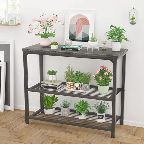 Miniatura 7 de Ecoprsio Mesa consola pequeña, mesa de sofá con estantes dobles de malla, moderna mesa de entrada para entrada, pasillo, vestíbulo, pasillo Gris