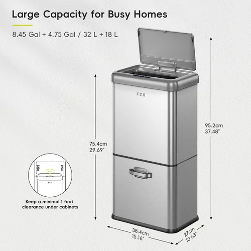 Miniatura 2 de Cubo de basura EKO Vintage de 50L / 13.2 galones con sensor de movimiento, con doble compartimento de 32L + 18L, bote de basura de acero inoxidable