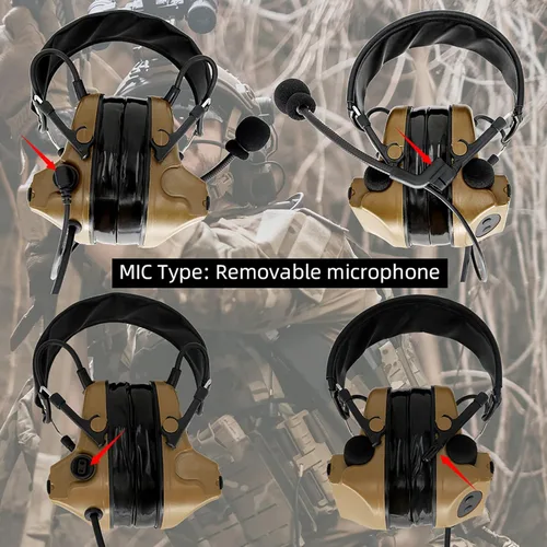 Miniatura 5 de Auriculares tácticos Hearangel, reducción de ruido con captación de sonido y PTT Ken de 2 pines para actividades de airsoft Marrón coyote