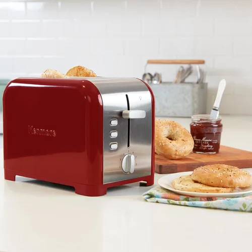 Miniatura 2 de Koolatron Kenmore - Tostadora de 2 rebanadas, acero inoxidable, rojo y plateado, con ranuras extra anchas, guías de pan autoajustables