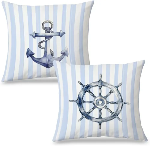 Miniatura 12 de Fundas de almohada costeras de langosta, fundas de almohada náuticas de langosta roja de Nueva Inglaterra con rayas azules y blancas para casa
