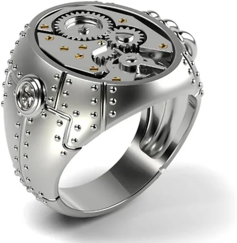 Miniatura 4 de LRGKMCWTOB Anillo universal de plata de ley 925 con personalidad mecánica Steampunk para hombres y mujeres, anillo universal de compromiso retro