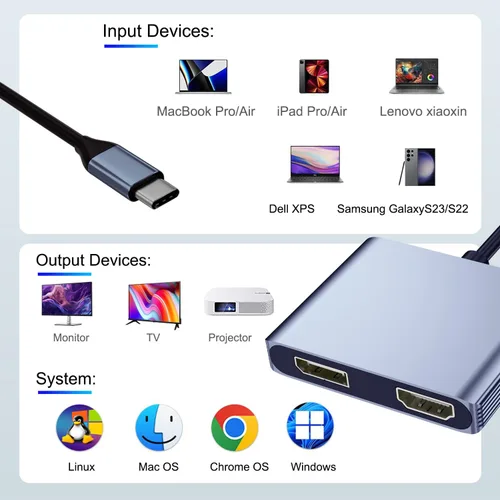 Miniatura 7 de Adaptador divisor USB C a HDMI y DisplayPort 4K a 60Hz, adaptador de monitor dual para pantalla extendida con HDMI/DisplayPort/USB3.0/100W PD carga