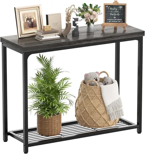 Miniatura 15 de Besiost Mesa consola pequeña de 32 pulgadas, mesa de entrada estrecha de 2 niveles, mesa de sofá con estantes de malla, mesas de consola para sala