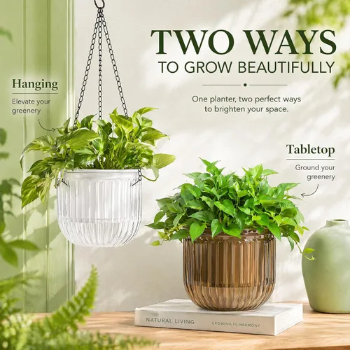 Miniatura 5 de Pumtus Paquete de 3 macetas colgantes para plantas de interior, maceta de riego automático de 6.5 pulgadas con orificio de drenaje, cesta colgante