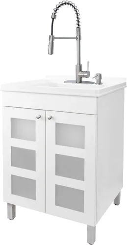 JS Jackson Supplies - Fregadero blanco en tocador blanco, grifo de bobina desplegable de acero inoxidable, dispensador de jabón y armario espacioso