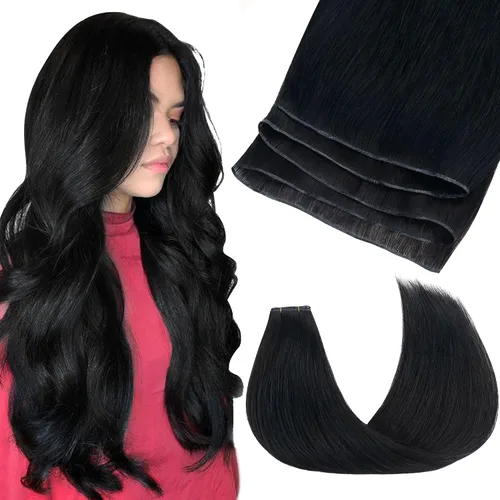 GOO GOO Genius - Extensiones de cabello humano de trama, mezcla sin costuras y sin volumen plano, volumen natural para mujer, 1 negro azabache de 14