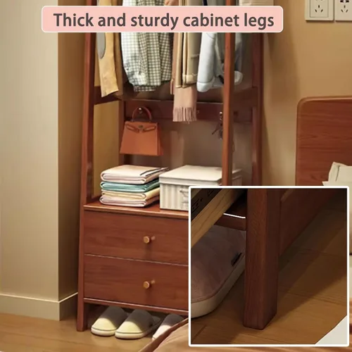 Miniatura 8 de Solid Wood Clothes Rack, Freestanding Clothing Rack, 5-in-1 Design Garment Rack, Large Capacity Coat Rack with Hooks and Storage Cabinet, Hall Tree