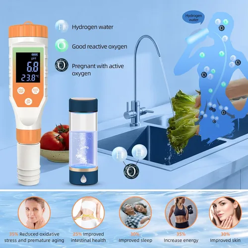 Miniatura 5 de Probador de agua de hidrógeno 7 en 1, medidor digital de temperatura de sal TDS EC ORP para agua potable, agua filtrada, jugo, café, probador
